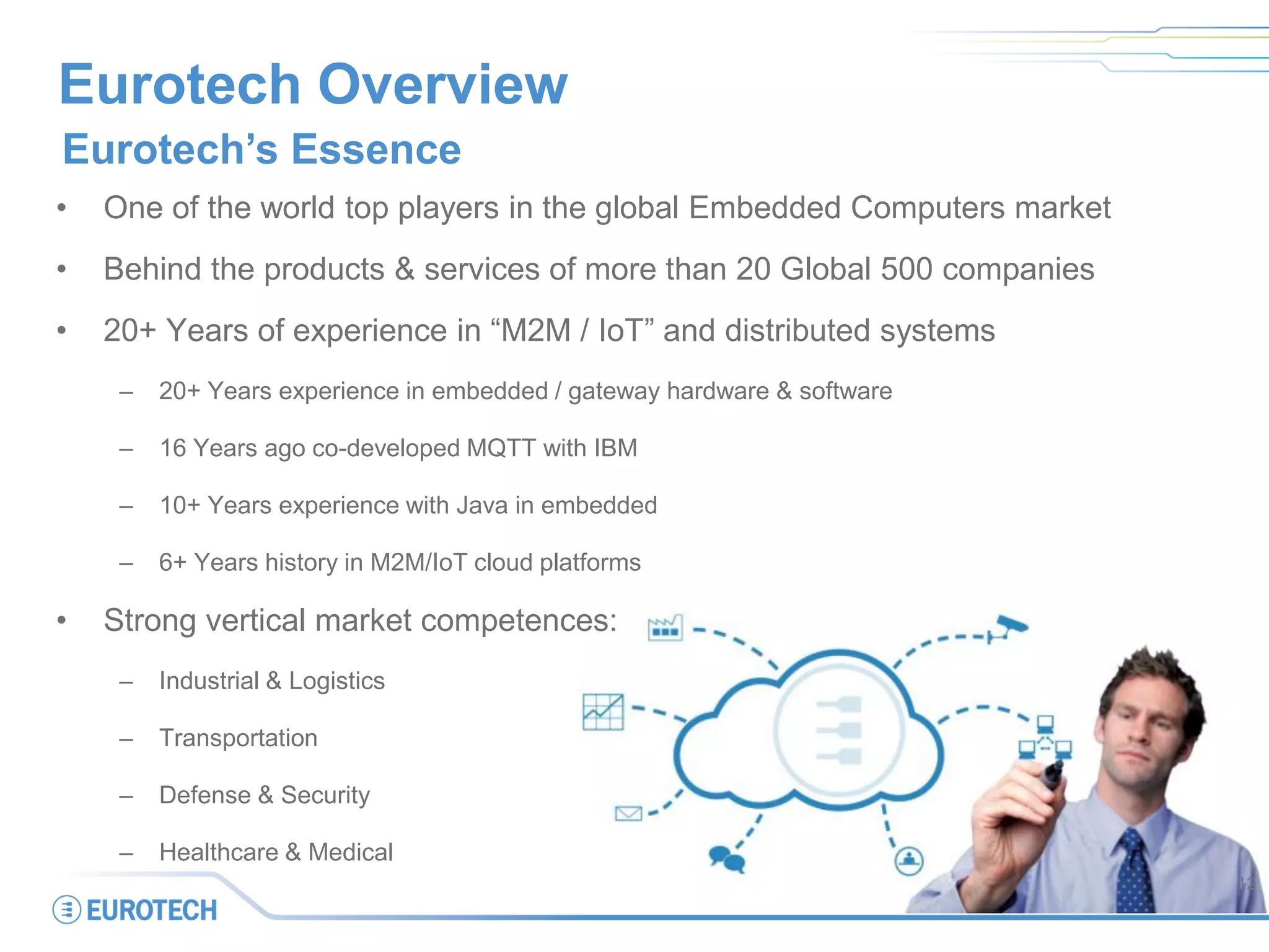 Eurotech Overview
• One of the world top players in the global Embedded Computers market
• Behind the products & services of more than 20 Global 500 companies
• 20+ Years of experience in “M2M / IoT” and distributed systems
– 20+ Years experience in embedded / gateway hardware & software
– 16 Years ago co-developed MQTT with IBM
– 10+ Years experience with Java in embedded
– 6+ Years history in M2M/IoT cloud platforms
• Strong vertical market competences:
– Industrial & Logistics
– Transportation
– Defense & Security
– Healthcare & Medical
12
Eurotech’s Essence
 