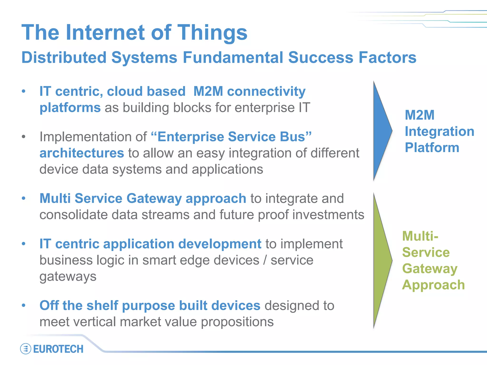 The Internet of Things
• IT centric, cloud based M2M connectivity
platforms as building blocks for enterprise IT
• Implementation of “Enterprise Service Bus”
architectures to allow an easy integration of different
device data systems and applications
• Multi Service Gateway approach to integrate and
consolidate data streams and future proof investments
• IT centric application development to implement
business logic in smart edge devices / service
gateways
• Off the shelf purpose built devices designed to
meet vertical market value propositions
Distributed Systems Fundamental Success Factors
M2M
Integration
Platform
Multi-
Service
Gateway
Approach
 