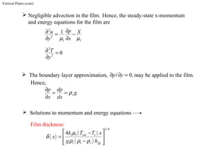 Vertical Plates (cont)
 Negligible advection in the film. Hence, the steady-state x-momentum
and energy equations for the film are
2
2
2
2
1
0
l l
pu X
y x
T
y
µ µ
∂∂ = −
∂ ∂
∂ =
∂
 The boundary layer approximation, may be applied to the film.0/ ,p y∂ ∂ =
Hence,
v
p dp
g
x dx
ρ
∂
= =
∂
 Solutions to momentum and energy equations
Film thickness:
( )
( )
( )
1 4
4
/
l l sat s
l l v fg
k T T x
x
g h
µ
δ
ρ ρ ρ
 −
=  
− 
 