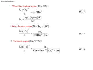 Vertical Plates (cont)
 Wave-free laminar region ( )Re 30 :δ <
( )
1 32
-1/3
1 47 Re
/
/
.
L l
l
h g
k
δ
ν
=
( ) 3
2
4
Re
3
l l v
l
g
δ
ρ ρ ρ δ
µ
−
=
 Wavy laminar region( )30 Re 1800 :δ< <
(10.37)
( )
1 32
1.22
Re
1.08 Re 5 2
/
/
.
L l
l
h g
k
δ
δ
ν
=
−
(10.38)
 Turbulent region( )Re >1800 :δ
(10.39)
( )
( )
1 32
-0.5 0 75
Re
8750 +58 Pr Re 253
/
.
/L l
l
h g
k
δ
δ
ν
=
−
 