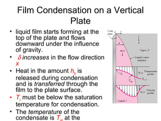 Film Condensation on a Vertical
Plate
• liquid film starts forming at the
top of the plate and flows
downward under the influence
of gravity.
• δ increases in the flow direction
x
• Heat in the amount hfg is
released during condensation
and is transferred through the
film to the plate surface.
• Ts must be below the saturation
temperature for condensation.
• The temperature of the
condensate is T at the
 