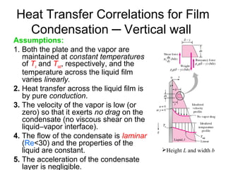 Heat Transfer Correlations for Film
Condensation ─ Vertical wall
Assumptions:
1. Both the plate and the vapor are
maintained at constant temperatures
of Ts and Tsat, respectively, and the
temperature across the liquid film
varies linearly.
2. Heat transfer across the liquid film is
by pure conduction.
3. The velocity of the vapor is low (or
zero) so that it exerts no drag on the
condensate (no viscous shear on the
liquid–vapor interface).
4. The flow of the condensate is laminar
(Re<30) and the properties of the
liquid are constant.
5. The acceleration of the condensate
layer is negligible.
Height L and width b
 