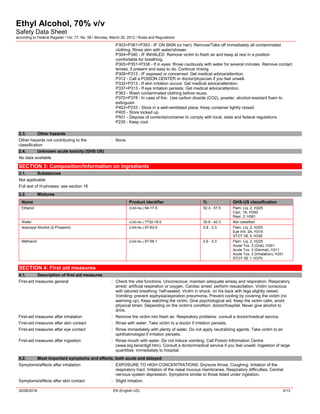 Ethyl Alcohol, 70% v/v
Safety Data Sheet
according to Federal Register / Vol. 77, No. 58 / Monday, March 26, 2012 / Rules and Regulations
02/08/2018 EN (English US) 2/13
P303+P361+P353 - IF ON SKIN (or hair): Remove/Take off immediately all contaminated
clothing. Rinse skin with water/shower.
P304+P340 - IF INHALED: Remove victim to fresh air and keep at rest in a position
comfortable for breathing.
P305+P351+P338 - If in eyes: Rinse cautiously with water for several minutes. Remove contact
lenses, if present and easy to do. Continue rinsing
P308+P313 - IF exposed or concerned: Get medical advice/attention.
P312 - Call a POISON CENTER or doctor/physician if you feel unwell.
P332+P313 - If skin irritation occurs: Get medical advice/attention.
P337+P313 - If eye irritation persists: Get medical advice/attention.
P363 - Wash contaminated clothing before reuse.
P370+P378 - In case of fire: Use carbon dioxide (CO2), powder, alcohol-resistant foam to
extinguish
P403+P233 - Store in a well-ventilated place. Keep container tightly closed.
P405 - Store locked up.
P501 - Dispose of contents/container to comply with local, state and federal regulations
P235 - Keep cool.
2.3. Other hazards
Other hazards not contributing to the
classification
: None.
2.4. Unknown acute toxicity (GHS US)
No data available
SECTION 3: Composition/Information on ingredients
3.1. Substances
Not applicable
Full text of H-phrases: see section 16
3.2. Mixtures
Name Product identifier % GHS-US classification
Ethanol (CAS-No.) 64-17-5 52.3 - 57.5 Flam. Liq. 2, H225
Carc. 1A, H350
Repr. 2, H361
Water (CAS-No.) 7732-18-5 35.9 - 42.3 Not classified
Isopropyl Alcohol (2-Propanol) (CAS-No.) 67-63-0 2.8 - 3.3 Flam. Liq. 2, H225
Eye Irrit. 2A, H319
STOT SE 3, H335
Methanol (CAS-No.) 67-56-1 2.6 - 3.3 Flam. Liq. 2, H225
Acute Tox. 3 (Oral), H301
Acute Tox. 3 (Dermal), H311
Acute Tox. 3 (Inhalation), H331
STOT SE 1, H370
SECTION 4: First aid measures
4.1. Description of first aid measures
First-aid measures general : Check the vital functions. Unconscious: maintain adequate airway and respiration. Respiratory
arrest: artificial respiration or oxygen. Cardiac arrest: perform resuscitation. Victim conscious
with labored breathing: half-seated. Victim in shock: on his back with legs slightly raised.
Vomiting: prevent asphyxia/aspiration pneumonia. Prevent cooling by covering the victim (no
warming up). Keep watching the victim. Give psychological aid. Keep the victim calm, avoid
physical strain. Depending on the victim's condition: doctor/hospital. Never give alcohol to
drink.
First-aid measures after inhalation : Remove the victim into fresh air. Respiratory problems: consult a doctor/medical service.
First-aid measures after skin contact : Rinse with water. Take victim to a doctor if irritation persists.
First-aid measures after eye contact : Rinse immediately with plenty of water. Do not apply neutralizing agents. Take victim to an
ophthalmologist if irritation persists.
First-aid measures after ingestion : Rinse mouth with water. Do not induce vomiting. Call Poison Information Centre
(www.big.be/antigif.htm). Consult a doctor/medical service if you feel unwell. Ingestion of large
quantities: immediately to hospital.
4.2. Most important symptoms and effects, both acute and delayed
Symptoms/effects after inhalation : EXPOSURE TO HIGH CONCENTRATIONS: Dry/sore throat. Coughing. Irritation of the
respiratory tract. Irritation of the nasal mucous membranes. Respiratory difficulties. Central
nervous system depression. Symptoms similar to those listed under ingestion.
Symptoms/effects after skin contact : Slight irritation.
 