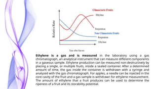 Ethylene is a gas and is measured in the laboratory using a gas
chromatograph, an analytical instrument that can measure different components
in a gaseous sample. Ethylene production can be measured non-destructively by
placing a single, or multiple fruits, inside a sealed container. After a determined
amount of time, the gas inside the container is withdrawn with a syringe and
analyzed with the gas chromatograph. For apples, a needle can be injected in the
core cavity of the fruit and a gas sample is withdrawn for ethylene measurement.
The amount of ethylene that a fruit produces can be used to determine the
ripeness of a fruit and its storability potential.
 