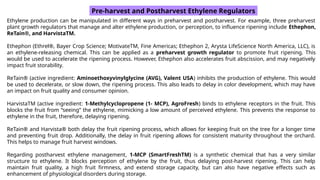 Pre-harvest and Postharvest Ethylene Regulators
Ethylene production can be manipulated in different ways in preharvest and postharvest. For example, three preharvest
plant growth regulators that manage and alter ethylene production, or perception, to influence ripening include Ethephon,
ReTain®, and HarvistaTM.
Ethephon (Ethrel®, Bayer Crop Science; MotivateTM, Fine Americas; Ethephon 2, Arysta LifeScience North America, LLC), is
an ethylene-releasing chemical. This can be applied as a preharvest growth regulator to promote fruit ripening. This
would be used to accelerate the ripening process. However, Ethephon also accelerates fruit abscission, and may negatively
impact fruit storability.
ReTain® (active ingredient: Aminoethoxyvinylglycine (AVG), Valent USA) inhibits the production of ethylene. This would
be used to decelerate, or slow down, the ripening process. This also leads to delay in color development, which may have
an impact on fruit quality and consumer opinion.
HarvistaTM (active ingredient: 1-Methylcyclopropene (1- MCP), AgroFresh) binds to ethylene receptors in the fruit. This
blocks the fruit from “seeing” the ethylene, mimicking a low amount of perceived ethylene. This prevents the response to
ethylene in the fruit, therefore, delaying ripening.
ReTain® and Harvista® both delay the fruit ripening process, which allows for keeping fruit on the tree for a longer time
and preventing fruit drop. Additionally, the delay in fruit ripening allows for consistent maturity throughout the orchard.
This helps to manage fruit harvest windows.
Regarding postharvest ethylene management, 1-MCP (SmartFreshTM) is a synthetic chemical that has a very similar
structure to ethylene. It blocks perception of ethylene by the fruit, thus delaying post-harvest ripening. This can help
maintain fruit quality, a high fruit firmness, and extend storage capacity, but can also have negative effects such as
enhancement of physiological disorders during storage.
 