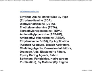 marketresearchengine.com
Ethylene Amine Market Size By Type
(Ethylenediamine (EDA),
Diethylenetriamine (DETA),
Triethylenetetramine (TETA),
Tetraethylenepentamine (TEPA),
Aminoethylpiperazine (AEP-HP),
Aminoethyl ethanolamine (AEEA),
Ethyleneimine E-100), By Application
(Asphalt Additives, Bleach Activators,
Chelating Agents, Corrosion Inhibitors,
Drainage Aids, Elastomeric Fibers,
Epoxy Curing Agents, Fabric
Softeners, Fungicides, Hydrocarbon
Purification), By Material (By Region
Ethylene Amine Market Size, Share, Analysis Report | Marketresearch about:reader?url=https%3A%2F%2Fmarketresearchengine.com%2Fethylene-amine-market
1 of 20 26/08/2022, 1:59 PM
 