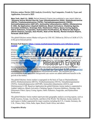 Ethylene amines Market 2020 Analysis, Growth by Top Companies, Trends by Types and
Application, Forecast to 2025
New York, April 11, 2020: Market Research Engine has published a new report titled as
“Ethylene Amine Market Size By Type (Ethylenediamine (EDA), Diethylenetriamine
(DETA), Triethylenetetramine (TETA), Tetraethylenepentamine (TEPA),
Aminoethylpiperazine (AEP-HP), Aminoethyl ethanolamine (AEEA), Ethyleneimine
E-100), By Application (Asphalt Additives, Bleach Activators, Chelating Agents,
Corrosion Inhibitors, Drainage Aids, Elastomeric Fibers, Epoxy Curing Agents,
Fabric Softeners, Fungicides, Hydrocarbon Purification), By Material (By Region
(North America, Europe, Asia-Pacific, Rest of the World), Market Analysis Report,
Forecast 2018-2024”.
The global Ethylene amines Market will grow by US$ 102.2 Billion by 2024 at a CAGR of 5.2%
in the given forecast period.
Browse Full Report: https://www.marketresearchengine.com/ethylene-amine-
market
Ethylene amines is a class of amine compounds containing ethylene linkages between amine
groups. Ethylene amines are primarily used as building block chemicals. Ethylene amines
possess various properties. For instance, they are colorless, low viscosity liquids with fishy
amine odor. Ethylene amines are employed in a wide range of applications owing to their unique
combination of reactivity, basicity, and surface activity. Products used in everyday life such as
cosmetics, pharmaceuticals, paper rolls, paints, adhesives, and detergents can be manufactured
using ethylene amines.
Growing use of the products such as adhesives, resins, and papers gives rise to the market
growth. Emerging innovative technologies, developing end-use industries, and growing
population anticipate boosting the global ethyleneamine market. The increased use of
ethyleneamines in the agriculture and personal care sectors are added additional benefits to the
growth of the market.
The global Ethylene Amine market is segregated on the basis of Type as Ethylenediamine
(EDA), Diethylenetriamine (DETA), Triethylenetetramine (TETA), Tetraethylenepentamine
(TEPA), Aminoethylpiperazine (AEP-HP), Aminoethyl ethanolamine (AEEA), and
Ethyleneamine E-100. Based on Application the global Ethylene Amine market is segmented in
Asphalt Additives, Bleach Activators, Chelating Agents, Corrosion Inhibitors, Drainage Aids,
Elastomeric Fibers, Epoxy Curing Agents, Fabric Softeners, Fungicides, and Hydrocarbon
Purification.
The global Ethylene Amine market report provides geographic analysis covering regions, such as
North America, Europe, Asia-Pacific, and Rest of the World. The Ethylene Amine market for
each region is further segmented for major countries including the U.S., Canada, Germany, the
U.K., France, Italy, China, India, Japan, Brazil, South Africa, and others.
Competitive Rivalry
 