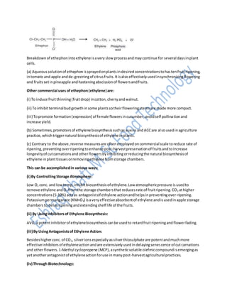 Breakdownof ethephonintoethylene isaveryslow processandmaycontinue for several daysinplant
cells.
(a) Aqueoussolutionof ethephonissprayedonplantsindesiredconcentrationstohastenfruitripening,
intomato and apple andde-greeningof citrusfruits.Itisalsoeffectivelyusedinsynchronizingflowering
and fruits setinpineapple andhasteningabscissionof flowersandfruits.
Other commercial uses ofethephon(ethylene) are:
(i) To induce fruitthinning(fruitdrop) incotton,cherryandwalnut.
(ii) Toinhibitterminalbudgrowthinsome plantssotheirfloweringstemsare made more compact.
(iii) Topromote formation(expression) of female flowersincucumber,avoidself pollinationand
increase yield.
(b) Sometimes,promotersof ethylene biosynthesissuchasauxinsandACCare alsousedinagriculture
practice, whichtriggernatural biosynthesisof ethylene inplants.
(c) Contrary to the above,reverse measuresare oftenemployedoncommercial scale toreduce rate of
ripening,preventingoverripeningtoenhance post-harvestpreservationof fruitsandtoincrease
longevityof cutcarnationsandotherflowersbyinhibitingorreducingthe natural biosynthesisof
ethylene inplanttissuesorremovingethylenefromstorage chambers.
This can be accomplishedin various ways:
(i) By ControllingStorage Atmosphere:
Low O2 conc. and lowtemp,inhibitbiosynthesisof ethylene.Low atmosphericpressure isusedto
remove ethylene andO2 fromthe storage chambersthat reducesrate of fruitripening.CO2 athigher
concentrations(5-10%) actsas antagonistof ethylene actionandhelpsinpreventingover-ripening.
Potassiumpermanganate (KMnO4) isaveryeffectiveabsorbentof ethylene andisusedinapple storage
chambersto delayripeningandextendingshelf life of the fruits.
(ii) By UsingInhibitorsof Ethylene Biosynthesis:
AVG,a potentinhibitorof ethylenebiosynthesiscanbe usedto retardfruitripeningandflowerfading.
(iii) By UsingAntagonistsof Ethylene Action:
Besideshigherconc.of CO2, silverionsespeciallyassilverthiosulphate are potentandmuchmore
effectiveinhibitorsof ethyleneactionandare extensivelyusedindelayingsenescence of cutcarnations
and otherflowers.1-Methyl cyclopropene (MCP),asyntheticvolatile olefmiccompoundisemergingas
yetanotherantagonistof ethyleneactionforuse inmanypost-harvestagricultural practices.
(iv) Through Biotechnology:
 