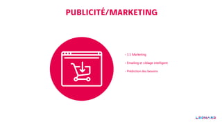 PUBLICITÉ/MARKETING
- 1:1 Marketing
- Emailing et ciblage intelligent
- Prédiction des besoins
 