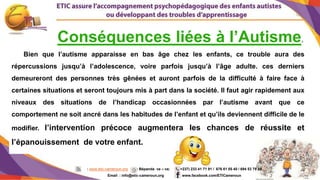 10
Conséquences liées à l’Autisme.
Bien que l’autisme apparaisse en bas âge chez les enfants, ce trouble aura des
répercussions jusqu’à l’adolescence, voire parfois jusqu’à l’âge adulte. ces derniers
demeureront des personnes très gênées et auront parfois de la difficulté à faire face à
certaines situations et seront toujours mis à part dans la société. Il faut agir rapidement aux
niveaux des situations de l’handicap occasionnées par l’autisme avant que ce
comportement ne soit ancré dans les habitudes de l’enfant et qu’ils deviennent difficile de le
modifier. l’intervention précoce augmentera les chances de réussite et
l’épanouissement de votre enfant.
: www.etic-cameroun.org : Bépanda va – va; (+237) 233 41 71 91 / 676 61 05 40 / 694 53 79 59
Email : info@etic-cameroun,org : www.facebook.com/ETICameroun
 