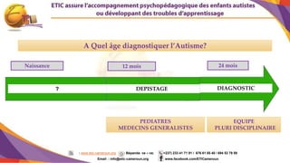 7
A Quel âge diagnostiquer l’Autisme?
12 mois 24 mois
DIAGNOSTICDEPISTAGE
PEDIATRES
MEDECINS GENERALISTES
EQUIPE
PLURI DISCIPLINAIRE
Naissance
?
: www.etic-cameroun.org : Bépanda va – va; (+237) 233 41 71 91 / 676 61 05 40 / 694 53 79 59
Email : info@etic-cameroun,org : www.facebook.com/ETICameroun
 