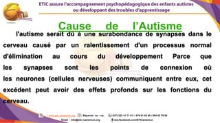 8
: www.etic-cameroun.org : Bépanda va – va; (+237) 233 41 71 91 / 676 61 05 40 / 694 53 79 59
Email : info@etic-cameroun,org : www.facebook.com/ETICameroun
l'autisme serait dû à une surabondance de synapses dans le
cerveau causé par un ralentissement d'un processus normal
d'élimination au cours du développement Parce que
les synapses sont les points de connexion où
les neurones (cellules nerveuses) communiquent entre eux, cet
excédent peut avoir des effets profonds sur les fonctions du
cerveau.
Cause de l’Autisme
 