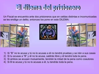 El dilema del prisionero Un Fiscal se encuentra ante dos prisioneros que en celdas distintas e incomunicadas se les endilg...