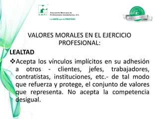 f) Propiciando que los Profesionales Inmobiliarios se conviertan en líderes de servicio a la sociedad y desarrollen acciones permanentes de solidaridad .g) Desarrollando acciones gremiales que propicien el sano desarrollo de la profesión y un servicio a la sociedad. 