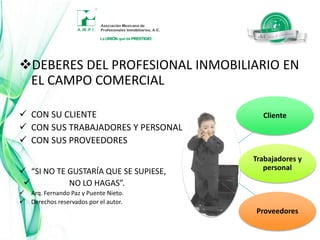 e) Aceptando responsabilidades, sólo para aquellos compromisos para los cuales tenga capacidad profesional, de acuerdo con sus habilidades y oficio, y que cuente con los recursos intelectuales, materiales y de tiempo, que le permitan cumplir con sus compromisos cabalmente.f) En ningún caso cederá el Profesional Inmobiliario a operaciones que por su naturaleza, lesionen el derecho de terceros, o sea que no se prestará a situaciones que a su juicio y por su naturaleza le comprometan a él o a terceros o acarreen accidentes.