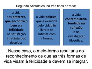 Segundo Aristóteles, há três tipos de vida: a vida dos  prazeres, que encontra o bem e a felicidade na satisfação imediata dos desejos;  a vida  política, que é exercida pelo cidadão livre e se satisfaz com a honra; a vida  contemplativa, fundada na reflexão e na investigação filosófica.   Nesse caso, o meio-termo resultaria do reconhecimento de que as três formas de vida visam à felicidade e devem se integrar. 