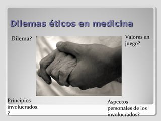 Dilemas éticos en medicina
 Dilema?                    Valores en
                            juego?




Principios           Aspectos
involucrados.        personales de los
?                    involucrados?
 