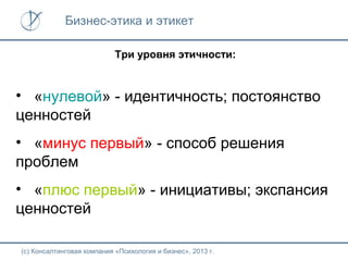 Бизнес-этика и этикет
Три уровня этичности:

• «нулевой» - идентичность; постоянство
ценностей
• «минус первый» - способ решения
проблем
• «плюс первый» - инициативы; экспансия
ценностей
(с) Консалтинговая компания «Психология и бизнес», 2013 г.

 