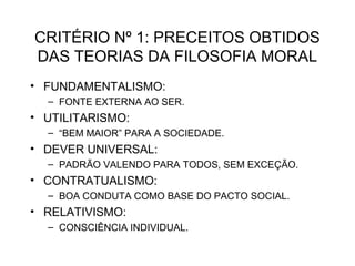 CRITÉRIO Nº 1: PRECEITOS OBTIDOS 
DAS TEORIAS DA FILOSOFIA MORAL 
• FUNDAMENTALISMO: 
– FONTE EXTERNA AO SER. 
• UTILITARISMO: 
– “BEM MAIOR” PARA A SOCIEDADE. 
• DEVER UNIVERSAL: 
– PADRÃO VALENDO PARA TODOS, SEM EXCEÇÃO. 
• CONTRATUALISMO: 
– BOA CONDUTA COMO BASE DO PACTO SOCIAL. 
• RELATIVISMO: 
– CONSCIÊNCIA INDIVIDUAL. 
 