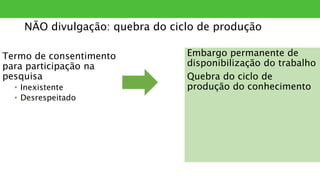 NÃO divulgação: quebra do ciclo de produção
Termo de consentimento
para participação na
pesquisa
• Inexistente
• Desrespeitado
Embargo permanente de
disponibilização do trabalho
Quebra do ciclo de
produção do conhecimento
 