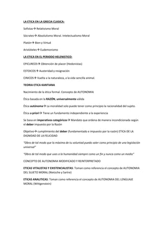 LA ETICA EN LA GRECIA CLASICA:
Sofistas Relativismo Moral
Sócrates Absolutismo Moral. Intelectualismo Moral
Platón Bien y Virtud
Aristóteles Eudemonismo
LA ETICA EN EL PERIODO HELENISTICO:
EPICUREOS Obtención de placer (Hedonistas)
ESTOICOS Austeridad y resignación
CINICOS Vuelta a la naturaleza, a la vida sencilla animal.
TEORIA ETICA KANTIANA
Nacimiento de la ética formal. Concepto de AUTONOMIA
Ética basada en la RAZÓN, universalmente válida
Ética autónoma La moralidad solo puede tener como principio la racionalidad del sujeto.
Ética a priori Tiene un fundamento independiente a la experiencia
Se basa en imperativos categóricos Mandato que ordena de manera incondicionada según
el deber impuesto por la Razón
Objetivo cumplimiento del deber (fundamentado e impuesto por la razón) ETICA DE LA
DIGNIDAD DE LA FELICIDAD
“Obra de tal modo que la máxima de tu voluntad pueda valer como principio de una legislación
universal”
“Obra de tal modo que uses a la humanidad siempre como un fin y nunca como un medio”
CONCEPTO DE AUTONOMIA MODIFICADO Y REINTERPRETADO
ETICAS VITALISTAS Y EXISTENCIALISTAS: Toman como referencia el concepto de AUTONOMIA
DEL SUJETO MORAL (Nietzche y Sartre)
ETICAS ANALITICAS: Toman como referencia el concepto de AUTONOMIA DEL LENGUAJE
MORAL (Wittgenstein)
 