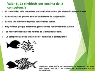 Valor 6. La simbiosis por encima de la
competencia
o Ni la sociedad ni la naturaleza son una lucha abierta por el triunfo del más fuerte.
o La naturaleza es posible sólo en un sistema de cooperación.
o La vida del individuo depende del esfuerzo social.
o Hoy vivimos porque anteriores generaciones han construido cultura.
o Es necesario rescatar los valores de la simbiosis social.
o La competencia debe situarse en el nivel que le corresponde.
SIMBIOSIS: ASOCIACIÓN DE INDIVIDUOS DE ESPECIES DISTINTAS
QUE VIVEN JUNTOS Y SE FAVORECEN MUTUAMENTE EN SU
DESARROLLO
 