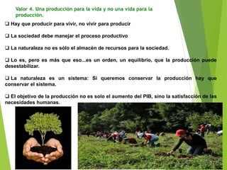 Valor 4. Una producción para la vida y no una vida para la
producción.
 Hay que producir para vivir, no vivir para producir
 La sociedad debe manejar el proceso productivo
 La naturaleza no es sólo el almacén de recursos para la sociedad.
 Lo es, pero es más que eso...es un orden, un equilibrio, que la producción puede
desestabilizar.
 La naturaleza es un sistema: Si queremos conservar la producción hay que
conservar el sistema.
 El objetivo de la producción no es solo el aumento del PIB, sino la satisfacción de las
necesidades humanas.
 