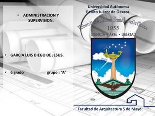 Universidad Autónoma
Benito Juárez de Oaxaca.
Facultad de Arquitectura 5 de Mayo.
• ADMINISTRACION Y
SUPERVISION.
• GARCIA LUIS DIEGO DE JESUS.
• 6 grado grupo : “A”
 