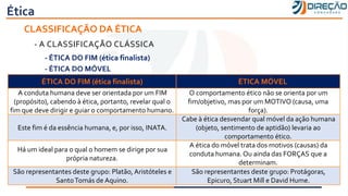 Ética
CLASSIFICAÇÃO DA ÉTICA
- A CLASSIFICAÇÃO CLÁSSICA
- ÉTICA DO FIM (ética finalista)
- ÉTICA DO MÓVEL
ÉTICA DO FIM (ética finalista) ÉTICA MÓVEL
A conduta humana deve ser orientada por um FIM
(propósito), cabendo à ética, portanto, revelar qual o
fim que deve dirigir e guiar o comportamento humano.
O comportamento ético não se orienta por um
fim/objetivo, mas por um MOTIVO (causa, uma
força).
Este fim é da essência humana, e, por isso, INATA.
Cabe à ética desvendar qual móvel da ação humana
(objeto, sentimento de aptidão) levaria ao
comportamento ético.
Há um ideal para o qual o homem se dirige por sua
própria natureza.
A ética do móvel trata dos motivos (causas) da
conduta humana.Ou ainda das FORÇAS que a
determinam.
São representantes deste grupo: Platão, Aristóteles e
SantoTomás de Aquino.
São representantes deste grupo: Protágoras,
Epicuro, Stuart Mill e David Hume.
 
