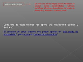 Criterios Históricos En cada una de las etapas-épocas históricas se
acuñan ciertas sensibilidades valóricas,
científicas, afectivas, dependiendo del grado de
desarrollo y madurez = progreso moral.
Cada uno de estos criterios nos aporta una justificación “parcial” y
“limitada”.
El conjunto de estos criterios nos puede aportar un “alto grado de
probabilidad”, pero nunca la “certeza moral absoluta”.
 