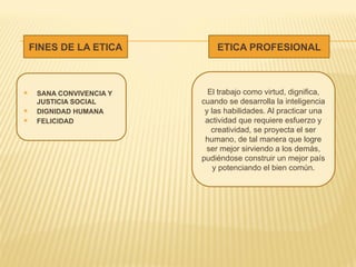 FINES DE LA ETICA
 SANA CONVIVENCIA Y
JUSTICIA SOCIAL
 DIGNIDAD HUMANA
 FELICIDAD
ETICA PROFESIONAL
El trabajo como virtud, dignifica,
cuando se desarrolla la inteligencia
y las habilidades. Al practicar una
actividad que requiere esfuerzo y
creatividad, se proyecta el ser
humano, de tal manera que logre
ser mejor sirviendo a los demás,
pudiéndose construir un mejor país
y potenciando el bien común.
 