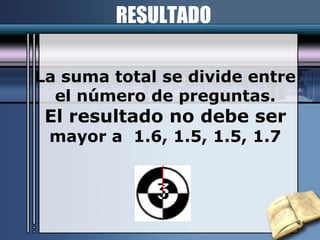 La suma total se divide entre el número de preguntas. El resultado no debe ser  mayor a  1. 6, 1.5, 1.5, 1.7 RESULTADO 