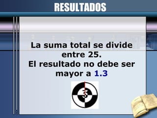La suma total se divide entre 25. El resultado no debe ser mayor a  1.3 RESULTADOS 