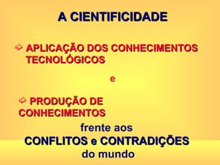 APLICAÇÃO DOS CONHECIMENTOS  TECNOLÓGICOS PRODUÇÃO DE CONHECIMENTOS e frente aos  CONFLITOS e CONTRADIÇÕES   do mundo A CIENTIFICIDADE 