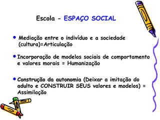 Escola -  ESPAÇO SOCIAL   Mediação entre o indivíduo e a sociedade (cultura)=Articulação Incorporação de modelos sociais de comportamento e valores morais = Humanização Construção da autonomia  (Deixar a imitação do adulto e CONSTRUIR SEUS valores e modelos) = Assimilação 