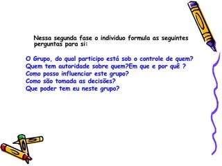 Nessa segunda fase o individuo formula as seguintes perguntas para si: O Grupo, do qual participo está sob o controle de quem? Quem tem autoridade sobre quem?Em que e por quê ?  Como posso influenciar este grupo? Como são tomada as decisões? Que poder tem eu neste grupo? 