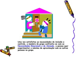 Uma vez satisfeitas as necessidades de inclusão e controle, o membro do grupo confronta-se com as  Necessidades Emocionais e de Amizade , a pessoa quer experimentar o máximo de aproximação com as outras pessoas no grupo. 