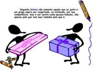 Segundo  Schutz  não somente aquele que se junta a um grupo aspira ser respeitado, ou estimado, por sua competência, mas a ser aceito como pessoa humana, não apenas pelo que tem mas também pelo que é.   