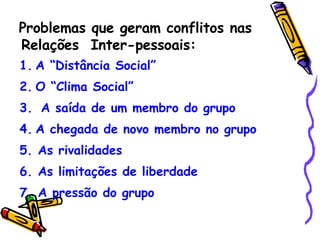 Problemas que geram conflitos nas  Relações  Inter-pessoais: A “Distância Social” O “Clima Social” A saída de um membro do grupo A chegada de novo membro no grupo 5. As rivalidades 6. As limitações de liberdade 7. A pressão do grupo 