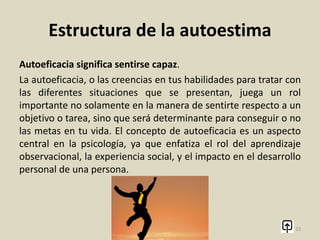 Estructura de la autoestima
En este sentido, la estructura de la autoestima podría
representarse como una letra H, donde los dos pilares son la
autoeficacia y la auto-dignidad, y la columna horizontal que los
une es la tolerancia a la frustración.
22
 