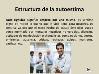 Estructura de la autoestima
Autoeficacia significa sentirse capaz.
La autoeficacia, o las creencias en tus habilidades para tratar con
las diferentes situaciones que se presentan, juega un rol
importante no solamente en la manera de sentirte respecto a un
objetivo o tarea, sino que será determinante para conseguir o no
las metas en tu vida. El concepto de autoeficacia es un aspecto
central en la psicología, ya que enfatiza el rol del aprendizaje
observacional, la experiencia social, y el impacto en el desarrollo
personal de una persona.
23
 