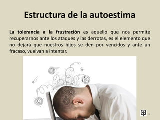Estructura de la autoestima
Auto-dignidad significa respeto por uno mismo, es sentirse
digno de recibir lo bueno que la vida tiene para nosotros, es
sentirse valioso por el mero hecho de existir. Este pilar puede
verse mermado por mensajes negativos no verbales, silencios,
actitudes de manipulación o chantajistas, comparaciones, gestos,
omisiones, ausencia, criticas, rechazos, golpes, maltratos,
castigos, etc.
24
 