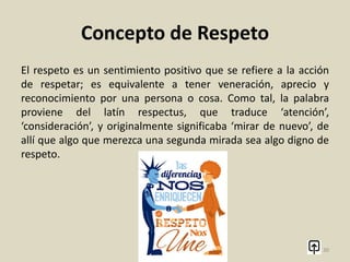 Concepto de Aceptación
Una forma de aceptación personal, es la que viene relacionada
con la aceptación del cuerpo, en la actualidad, dada la cantidad
publicitaria, se ve como cada día menos mujeres y hombres se
aceptan tal y como son, sin pretender parecerse a los estándares
establecidos por la publicidad. Por ello es importante aceptarse
corporalmente, porque la falta de esto puede acarrear serios
problemas físicos y sobre todo de salud. Entre los casos más
conocidos se encuentra la bulimia y anorexia que son formas de
no cuidar el cuerpo por tener una idea distorsionada de la
realidad.
30
 