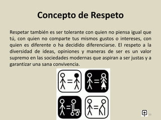 Concepto de Respeto
El respeto también debe aprenderse. Respetar no significa estar
de acuerdo en todos los ámbitos con otra persona, sino que se
trata de no discriminar ni ofender a esa persona por su forma de
vida y sus decisiones, siempre y cuando dichas decisiones no
causen ningún daño, ni afecten o irrespeten a los demás.
33
 
