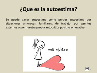 ¿Que es la autoestima?
La autoestima está relacionada con la autoimagen, que es el
concepto que se tiene de uno propio, y con la auto aceptación,
que se trata del reconocimiento propio de las cualidades y los
defectos. La forma en que una persona se valora está influida en
muchas ocasiones por agentes externos y puede cambiar a lo
largo del tiempo.
8
 