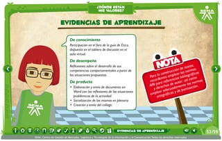 ¿dónde están
                                                    mis valores?


                     Evidencias de aprendizaje

                             De conocimiento
                             Participación en el foro de la guía de Ética,
                             dispuesto en el tablero de discusión en el
                             aula virtual.
                             De desempeño
                             Reflexiones sobre el desarrollo de sus                                  Nota         ión
                                                                                                                           xtos,
                                                                                                                      de te rmas
                             competencias comportamentales a partir de
                                                                                                           strucc ear las no ficas
                                                                                                     a con       l            á
                             las situaciones propuestas.                                       Para l emos emp ias bibliogr mo
                                                                                                    d                         o
                             De producto                                                       recor ra referenc utor; así c normas
                                                                                                     a           a           s
                             •	 Elaboración y envío de documento en                            APA p rechos de amente la ción.
                                                                                                     e
                                                                                                 y d adecuad              ntua
                                Word con las reflexiones de las situaciones                           ar          y de pu
                                                                                               emple tográficas
                                problémicas de la actividad.                                        or
                             •	 Socialización de las mismas en plenaria.
                             •	 Creación y envío del collage.




                                                                    evidencias de aprendizaje                                         53 /59
SENA, Centro de Gestión de Mercados, Logística y Tecnologías de la Información y la Comunicación.Todos los derechos reservados
 