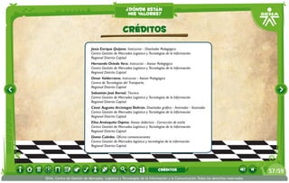 ¿dónde están
                                                     mis valores?


                                                  CRÉDITOS
                             Jesús Enrique Quijano. Instructor - Diseñador Pedagógico
                             Centro Gestión de Mercados Logística y Tecnologías de la Información
                             Regional Distrito Capital
                             Hernando Oviedo Vera. Instructor - Asesor Pedagógico
                             Centro Gestión de Mercados Logística y Tecnologías de la Información
                             Regional Distrito Capital
                             Omar Valderrama. Instructor - Asesor Pedagógico
                             Centro de Tecnologías del Transporte,
                             Regional Distrito Capital
                             Sebastián José Bernal. Técnico
                             Centro Gestión de Mercados Logística y Tecnologías de la Información
                             Regional Distrito Capital
                             César Augusto Arciniegas Beltrán. Diseñador gráfico - Animador - Ilustrador
                             Centro Gestión de Mercados Logística y Tecnologías de la Información
                             Regional Distrito Capital
                             Elisa Amézquita Ospina. Asesor didáctico - Corrección de estilo
                             Centro Gestión de Mercados Logística y Tecnologías de la Información
                             Regional Distrito Capital
                             Diana Cubides. Oficina comunicaciones
                             Centro Gestión de Mercados logística y tecnologías de la información
                             Regional Distrito Capital




                                                                           CRÉDITOS                                              57 /59
SENA, Centro de Gestión de Mercados, Logística y Tecnologías de la Información y la Comunicación.Todos los derechos reservados
 