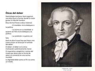 Éticas del deber
Deontología kantiana: Kant organizo
una ética pura o formar donde la razón
guiase la vida del hombre.
Ética formal frente a ética material:
- El mandato: no te dediques a
la política
- La norma en su totalidad: si
quieres ser feliz no te dediques a la
política
- La condición: si quieres ser
feliz
Kant no dice lo que hay que hacer sino
como actuar se actúa por el sentido
del deber.
El deber: el deber es la única
motivación auténticamente moral.
El imperativo categórico:<<actúa del
modo que deses que tu forma de
obrar se convierta en una norma
mundial.
La dignidad debe como un fin no como
un medio.
 