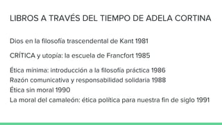 LIBROS A TRAVÉS DEL TIEMPO DE ADELA CORTINA
Dios en la filosofía trascendental de Kant 1981
CRÍTICA y utopía: la escuela de Francfort 1985
Ética mínima: introducción a la filosofía práctica 1986
Razón comunicativa y responsabilidad solidaria 1988
Ética sin moral 1990
La moral del camaleón: ética política para nuestra fin de siglo 1991
 