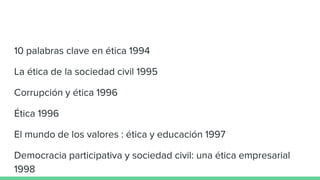 10 palabras clave en ética 1994
La ética de la sociedad civil 1995
Corrupción y ética 1996
Ética 1996
El mundo de los valores : ética y educación 1997
Democracia participativa y sociedad civil: una ética empresarial
1998
 